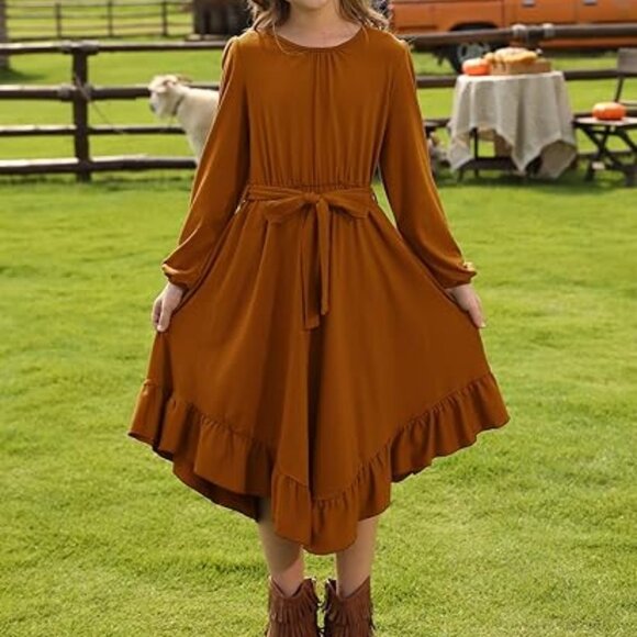 Girls Boho Long Sleeve Lace Backless Tie Dress - Picture 1 of 3